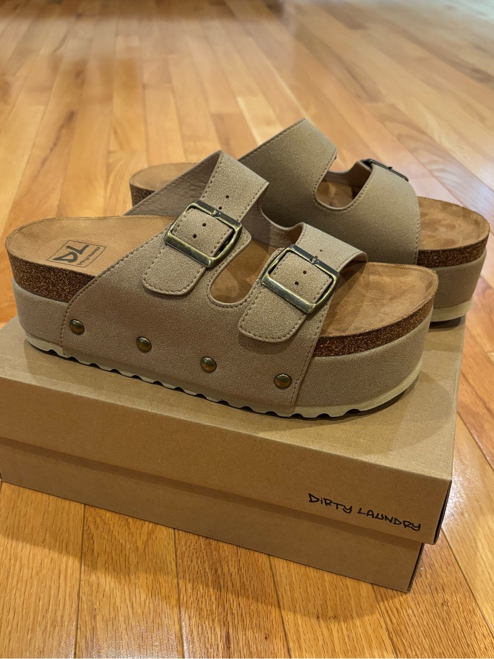 Dirty Laundry Tan Micro Suede Double-Buckle Platform Clogs